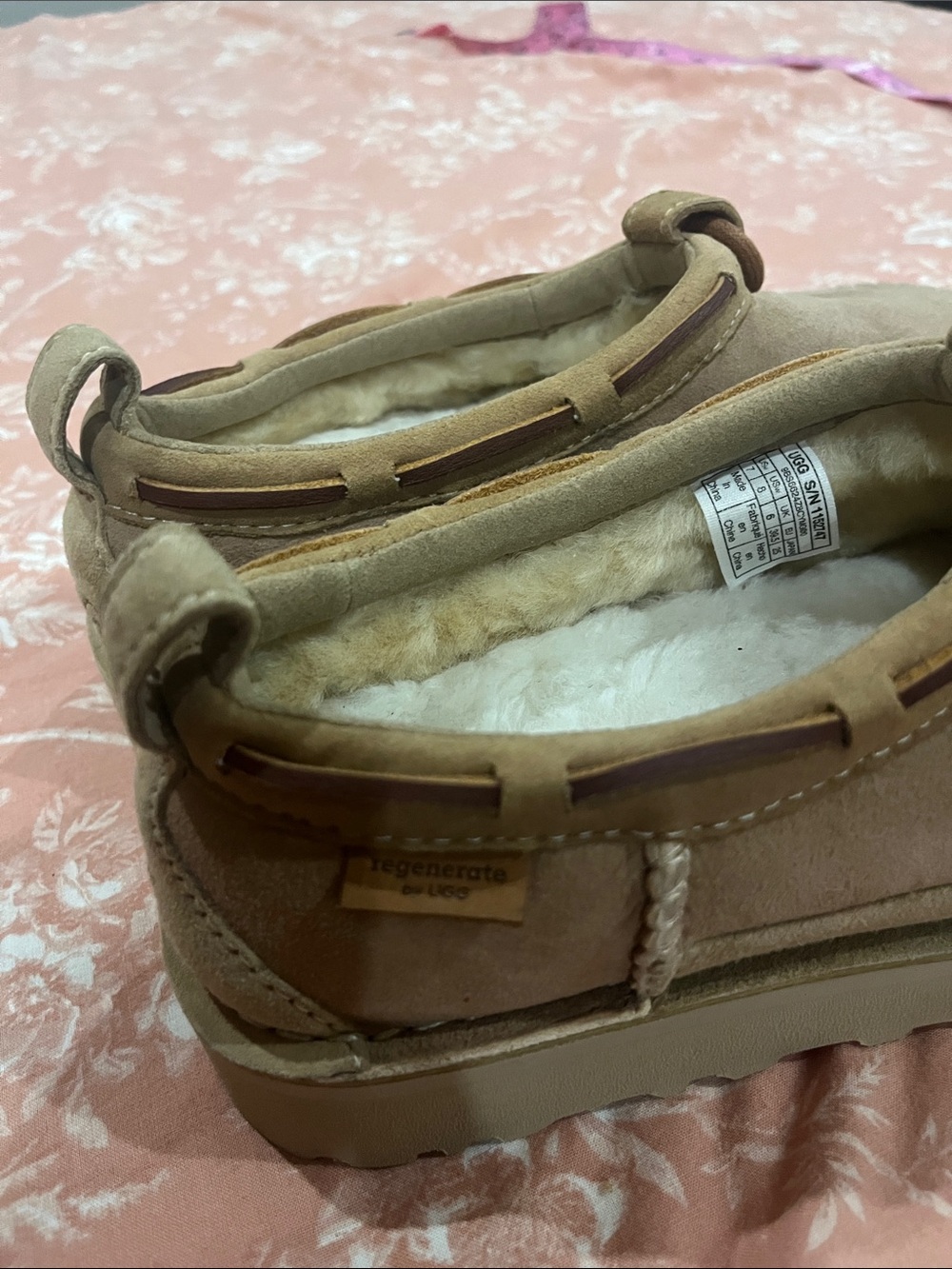 UGG Tan Suede Moccasin Platform Slippers with Shearling - Picture 5 of 6